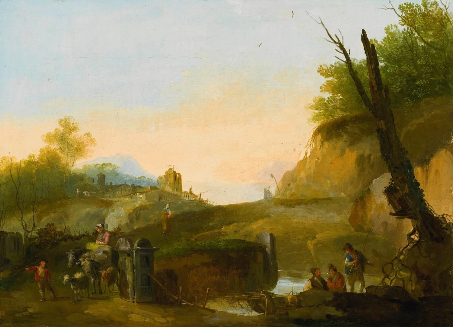 Paesaggio serale con viaggiatori che attraversano un ponte